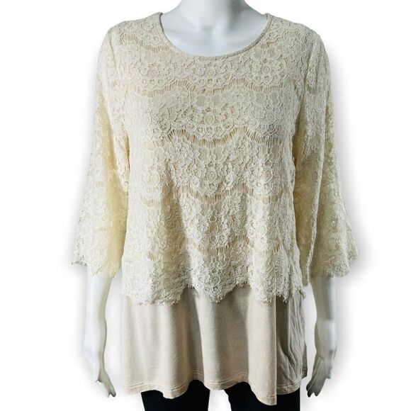 Pleione Lace Tunic Top Romantic Cottagecore Ivory 3/4 Sleeve Large - Picture 3 of 10